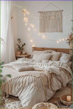 a bed with white sheets and pillows in a room filled with string lights, plants and blankets