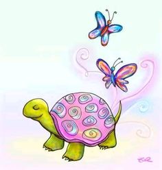 an image of a turtle with butterflies on it's back and one butterfly flying in the air