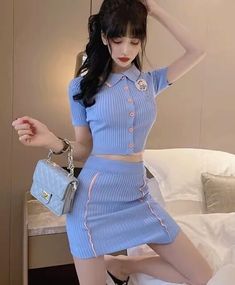 Blue Button Down Polo Shirt And Skirt Set | Yiren - Everglow Blue One Size Kpop Crop Top, Shirt And Skirt Set, Floral Pattern Shirt, Yiren Everglow, Kpop Dress, Shirt And Skirt, Fashion Chingu, Button Down Polo, Red Plaid Shirt