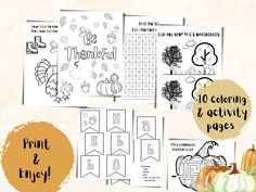 pumpkins and fall themed activities for kids to color, cut and print on paper