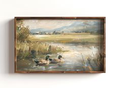 an oil painting of two ducks swimming in a pond with grass and trees on the other side