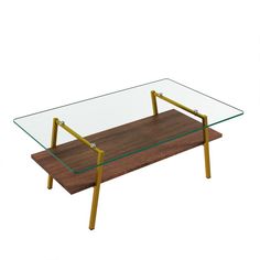 a glass and wood coffee table with two legs on each side, against a white background