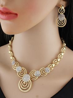 Rhinestone Decor Hollow Out Necklace & Drop Earrings Yellow Gold Glamorous   Glass     Women Fashion Jewelry, size features are:Bust: ,Length: ,Sleeve Length: Top Jewelry Trends, Unique Wedding Jewelry, Gold Bangles For Women, Fancy Jewelry Necklace, Lucky Jewelry, Fancy Jewellery Designs, Diamond Necklace Designs, Fancy Necklace, 10 Off