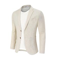 This linen suit made of hight quality cotton linen fabric, which is lightweight, breathable, soft and durable. Professional suit fabric and exquisite tailoring keeps this blazer sharp. This casual sport coat with notch lapel, regular fit, two button closure, left chest real pocket, two real side pockets, inside a real pocket, light shoulder pad. Finished by excellent stitching, this sport coat blazer has a linen texture specially designed for western men, will really make you minimalistic, elega Spring Linen Suit With Button Closure, Semi-formal Linen Sport Coat With Button Closure, Linen Sport Coat With Notch Lapel And Buttons, Linen Notch Lapel Sport Coat With Buttons, Beige Cotton Single Breasted Blazer, Beige Single-breasted Cotton Blazer, Semi-formal Linen Blazer With Button Closure, Spring Linen Business Blazer, Business Cotton Sport Coat With Pockets