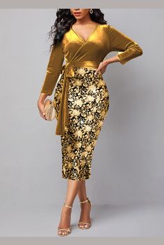 ROTITA Hot Stamping Floral Print Golden Belted Dress Fitted Floral Patchwork Dress For Fall, Long Sleeve Velvet Dress, Long Sleeve Sequin Dress, Golden Dress, Shiny Dresses, Outfits Dress, Sequin Sleeve, Party Dress Long Sleeve, Square Neck Dress