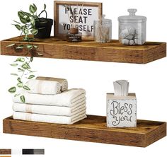 two wooden shelves with towels and plants on them