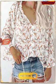 Floral Print Flares Sleeve Blouse Non-stretch Printed Casual Blouse, Casual Non-stretch Printed Blouse, Non-stretch Feminine Blouse With Floral Print, Casual Flowy Blouse With Floral Print, Non-stretch Long Sleeve Summer Blouse, Non-stretch Long Sleeve Blouse For Day Out, Non-stretch Long Sleeve Beach Blouse, Non-stretch Long Sleeve Blouse For Beach, Non-stretch Long Sleeve Blouse For Vacation