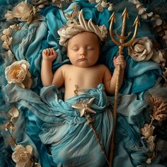 a baby is dressed in blue and holding a golden sception while laying on a blanket