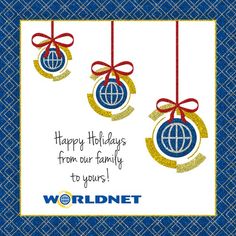 two christmas ornaments hanging from strings with the words worldnet on it's side