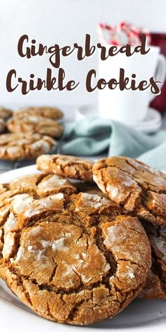 gingerbread crinkle cookies on a white plate with the title in the middle