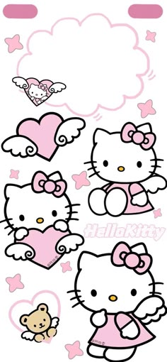 the hello kitty wallpaper is pink and has hearts, clouds, and other animals