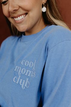 Oversized Comfort Colors Crewneck long sleeve. Color options are Flo Blue, White, and Ivory. Mommy And Me Embroidered Shirts, Cricut Long Sleeve Shirt Ideas, Mother T Shirt Design, Mom Crewneck Sweatshirt, Oversized Blue Embroidered Top, Blue Relaxed Fit Top With Embroidered Text, Blue Tops With Embroidered Text And Relaxed Fit, Casual Embroidered Long Sleeve Tops, Blue Long Sleeve Tops With Embroidered Text