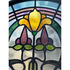 a stained glass window with flowers and leaves on it's side, showing the center piece