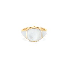 SW’s Mother of Pearl and yellow gold ring is a truly unique piece of jewelry, shaped like a classic, curved signet ring, with the Mother of Pearl inlay adding a delicate and elegant sheen. The soft, 18k yellow gold adds a warm, rich contrast to the cool iridescence of the pearl, creating a beautiful and harmonious blend of colors. Despite its modern, high-quality materials, this ring has an antique feel to it, evoking a sense of history and timelessness. Fine Jewelry Signet Ring With Smooth Bezel, Classic Gold Pearl Ring With Polished Finish, Classic Gold Open Enamel Ring, Luxury Pearl Open Ring With Polished Finish, Luxury Open Pearl Ring With Polished Finish, Elegant Yellow Gold Enamel Ring With Polished Finish, Classic White Dome Ring For Wedding, Elegant White Signet Ring For Formal Occasions, Modern White 14k Gold Ring