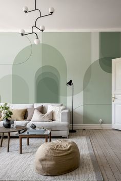 A green abstract arches wallpaper from HappyWall Wallpaper Drawing Room Ideas, It Office Wall Design, Living Room Wallpaper Green, Green Wall Wallpaper, Wallpapers In Living Room, Wallpapers For Living Room Interiors, Office Wallpapers, Living Accent Wall, Modern Green Wallpaper