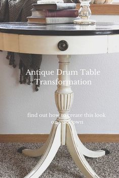 an antique drum table is transformed into a decorative end table for the living room or bedroom