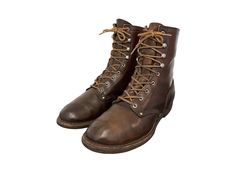 "1990s Vintage Oil Brown Genuine Leather Flat Lace Up Combat Boots-US Men Size 9-Oil Resistant-Vintage Boots-Men Boots-Vintage Men Wear-Boots. Size 9 Vintage brown genuine leather Men flat lace up work combat boots. These boots were made in the 1990s in the USA. They are 100% leather upper and lining and have a man made oil resistant sole.  Size 9 D height: 9\" length: 11.75\" insole: 10.5\" width: 4.25\" heel: 1\" Material: leather  Color: brown Condition: Good Vintage" Vintage Leather Sole Lace-up Boots For Fall, Vintage Lace-up Boots With Leather Sole For Fall, Vintage Moto Boots For Fall Outdoor, Vintage Lace-up Boots With Snip Toe And Leather Sole, Vintage Leather Lace-up Boots, Vintage Brown Lace-up Winter Boots, Vintage Lace-up Boots With Round Toe For Fall, Vintage Brown Lace-up Boots For Winter, Vintage Plain Toe Boots For Fall