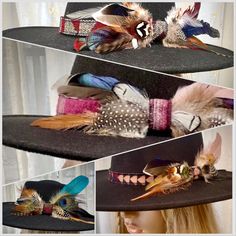 PICS SHOWN ARE EXAMPLES OF ONES COMPLETED FOR CLIENTS, PLEASE ASK ALL QUESTIONS UP FRONT IF ANY... Welcome to Rodeochics..custom handmade Feathered Hatbands made with Genuine Pendleton(R) Fabric or Genuine Italian Wool Fabrics. Accented with Gorgeous feathers. Each is hand-sewn, picked for it's beautiful colors and variations. They are then sewn with a Hook and loop closing.  I request the length for a perfect 60 patterns to choose from. In some cases...the same fabric will be used, but a differ Adjustable Fedora Costume Hats For Fall, Adjustable Flat Brim Mini Hat For Fall, Adjustable Western Hat For Music Festival, Vintage Adjustable Mini Hats For Festivals, Adjustable Vintage Mini Hats For Festivals, Adjustable Multicolor Hat For Western-themed Events, Adjustable Hat Bands For Fall Festival, Western Costume Hats For Winter Festival, Bohemian Brimmed Hat For Music Festival