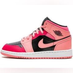 Jordan 1 Mid Coral Chalk Pink Sz 6.5y Nwb Pink Leather Basketball Shoes With Round Toe, Pink Basketball Shoes With Contrast Sole, Sporty Pink Leather Jordan Shoes, Pink Jordan Shoes With Rubber Sole, Pink Mid-top Jordan Shoes With Boost Midsole, Pink Low-top Leather Jordan Shoes, Pink Jordan Shoes With Cushioned Footbed, Jordan 1 Mid Coral Chalk, Shoes Jordan 1