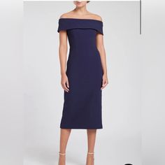 Constructed From A Textured Crepe, The Amore Off Shoulder Midi Dress Was Designed With A Slim Fitting Pencil Skirt, A Strapless Neckline With Internal Boning Across The Bodice For Additional Support. This Dress Is Lined. Blue Luxury Midi Dress For Formal Occasions, Luxury Blue Midi Dress For Formal Occasions, Elegant Navy Midi Dress For Evening, Chic Navy Midi Dress For Evening, Chic Navy Midi Dress For Party, Chic Navy Midi Party Dress, Chic Navy Party Midi Dress, Chic Navy Evening Dress, Elegant Navy Midi Dress For Party