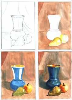 four different colored drawings of vases and fruit