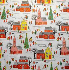 a christmas themed wallpaper with houses and trees