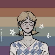 a drawing of a woman wearing glasses and a sweater with stars on the side of her face