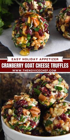 cranberry goat cheese truffles with nuts and herbs in the middle are stacked on top of each other