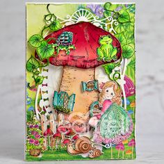 a card with an image of a mushroom and other things on the inside of it