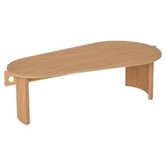 an oval wooden table with two legs and a curved design on the top, against a white background