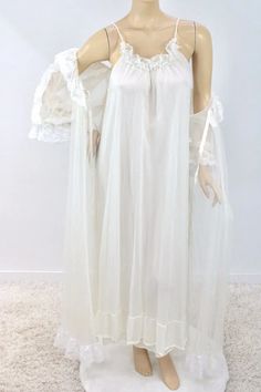 Tosca Long Nightgown Peignoir Robe Set Small Cream Nylon Layers Vintage | eBay Cute Nightgowns For Women, Ethereal Nightgown, Nightgown Romantic, Edwardian Nightgown, Cute Nightgowns, Wedding Nightgown, Princess Nightgowns, Linen Nightgown, Victorian Nightgown