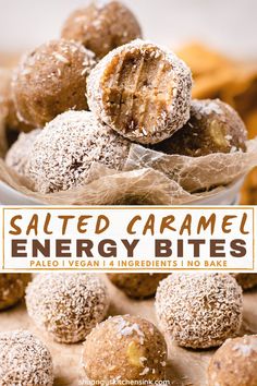 salted caramel energy bites are stacked on top of each other