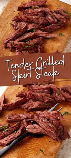 Collage of sliced grilled skirt steak on cutting board at top and bottom. Skirt Steak Recipe, Skirt Steak Fajitas, Hanger Steak, Summertime Recipes