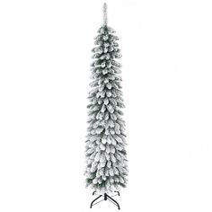 a tall white christmas tree with snow on it's top and bottom branches, standing upright in front of a white background