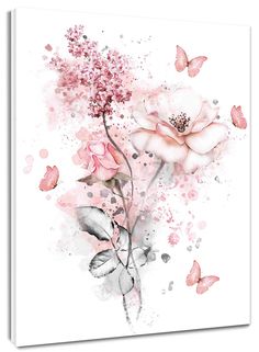 a pink flower and butterfly painting on a white background with watercolor paint strokes in the middle