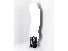 a black and white sculpture sitting on top of a table next to a wall mounted mirror