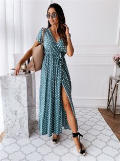 Boho Polka Dot V Neck Short Sleeve Long Dress Split Slim Beach Dress Holiday Fashion Dress Vestidos Dot Print Dress, Marine Uniform, Office Dresses For Women, Dress Sleeve Length, Beach Dresses Summer, Printed Dresses, Split Maxi Dress, Split Dress, Maxi Dress Evening