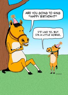 a cartoon horse is giving another horse a birthday hat