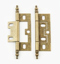 two antique brass plated door hinges on white background