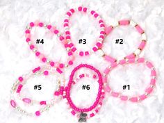 These bracelets are perfect if you are a Barbie pink fan.  They are made with a big variety of beads from pink heishi beads, white shell bead discs, hot pink 6mm beads, 6 and 8mm white glass beds, crystal 6mm facet cut beads, pink 8mm agate beads and seed beads.  Sets 5 and 6 come with 2 bracelets. Bracelets Butterfly, Pink Bracelets, Pink Fan, Rose Bracelet, Christmas Mouse, Pink Jewelry, Heishi Beads, Pink Bracelet, Shell Beads