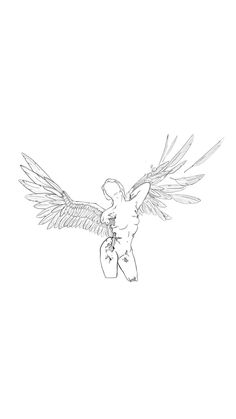 a drawing of a person with wings on their back holding a cell phone in his hand