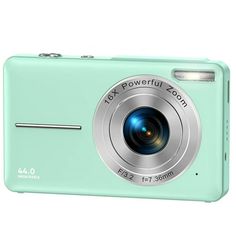 a green digital camera on a white background