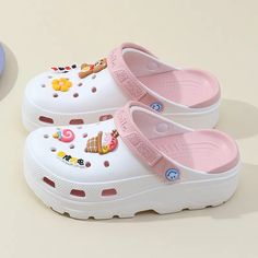 Non-slip Jelly Sandals For Spring, White Casual Eva Clogs, White Jelly Sandals With Round Toe For Vacation, White Round Toe Jelly Sandals For Vacation, Playful Plastic Slip-on Sandals, Casual White Clogs For Vacation, White Round Toe Eva Clogs, White Eva Clogs With Round Toe, Playful Plastic Sandals For Summer