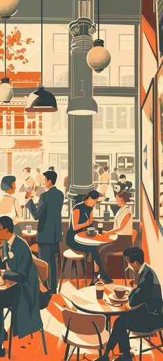 an illustration of people sitting at tables in a restaurant, eating food and drinking wine