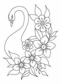 a black and white drawing of a flamingo with flowers on it's side