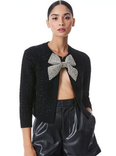 Akira Embellished Bow Cardigan In Black Combo | Alice And Olivia Alice Olivia Outfits, Olivia Outfits, Award Dresses, Bow Cardigan, Beaded Bow, Bow Sweater, Holiday Attire, Alice And Olivia, Fairy Godmother