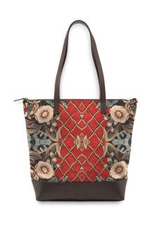 Elegant Red Floral Print Bags, Designer Multicolor Floral Print Bags, Luxury Tapestry Satchel Tote, Luxury Multicolor Floral Print Bags, Luxury Tapestry Shoulder Bag, Rectangular, Statement Bag, Climbing Roses, Climbing, Beautiful Art