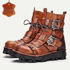 Category:Boots; Upper Materials:Leather,Cowhide; Embellishment:Splicing; Season:Winter; Gender:Men's,Women; Activity:Hiking,Walking; Toe Shape:Round Toe; Style:Vintage,Casual; Boot Shaft:Booties / Ankle Boots; Outsole Materials:Rubber; Occasion:Daily,Outdoor; Closure Type:Lace-up; Function:Warm,Height Increasing,Comfortable,Slip Resistant; Pattern:Solid Colored; Listing Date:09/18/2023; 2024 Trends:Motorcycle Boots,Work Boots,Biker boots,Halloween,Handmade Shoes,Skull; Foot Length:null; Foot Wid Fall Cosplay Leather Platform Boots, Leather Platform Boots For Cosplay In Fall, Fall Leather Platform Boots For Cosplay, Gothic Moto Boots For Halloween Cosplay, Gothic Boots With Rivets For Cosplay, Leather Platform Boots For Cosplay, Gothic Moto Boots With Round Toe For Cosplay, Steampunk Boots With Round Toe For Cosplay, Leather Moto Boots For Cosplay And Winter