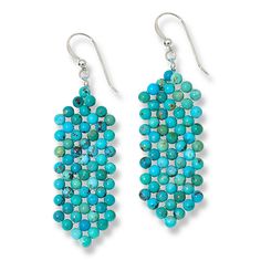 Jay King Heavenly Well Lake Turquoise Woven Bead Drop Earrings Tiny blue-green turquoise beads handcrafted into a woven design give these dangling earrings a fun, fashionable touch of dimension and color. From Jay King.       Approx. 2-3/8"L x 5/8"W     Stamped .925      Earrings have 3mm turquoise beads woven together in drop design   Stone Information       All sizes and weights approximate     Stabilized Heavenly Well Lake Turquoise - Round (3mm); mined in China