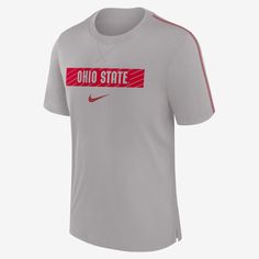 Featuring an official team look, the Ohio State Buckeyes Sideline Player T-Shirt combines sweat-wicking technology and soft tri-blend fabric to help provide you with a comfortable game-day experience. Gray T-shirt With Team Logo For Team Spirit, Nike Sports Tops In Tri-blend, Nike Tri-blend Tops For Sports, Nike Tri-blend Sports Top, Nike Fan Apparel Tops In Athletic Heather, Gray Team Logo Crew Neck Top, Gray Fan Apparel T-shirt For Sports Events, Nike Collegiate Moisture-wicking T-shirt, Gray Crew Neck Top With Team Logo